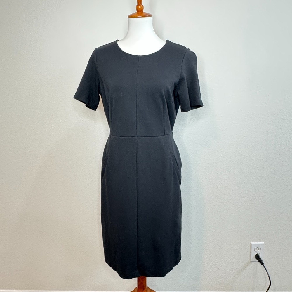 LANDS END Shift Short Sleeve Dress 12P‎ Petite Black Pockets Ponte Knit Office
